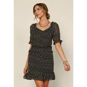 Skies are Blue Women's Ditsy Floral Black Coquette Mini Smocked Dress - M